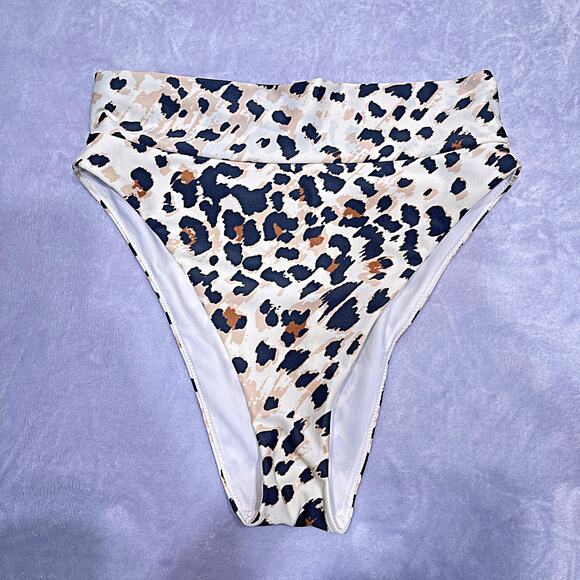 AERIE Swim High Cut Cheeky Bikini Bottom Beige Cheetah Print Womens Medium - Picture 2 of 7